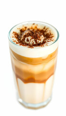 Delicious caramel macchiato layered in a glass.