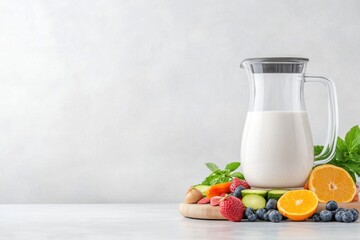 Fresh fruits and milk pitcher on white background