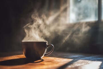 Fototapeta premium Steaming Beverage in a Dark Cup by a Sunny Window on Wooden Table for Warm Drink Enjoyment