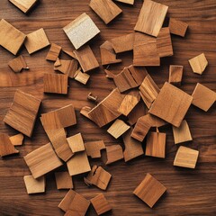 Scattered wood squares on a wooden surface.  Pieces of various sizes and shades of wood
