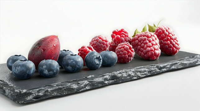 A tranquil  display of glossy cranberry jam in a glass jar, surrounded by fresh cranberries and frozen blueberries on white. Water ripples elegantly under soft backlighting. 