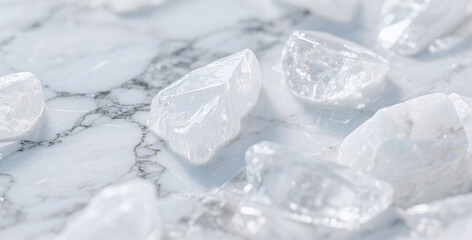 Obraz premium White crystals on marble background crystal clear quartz mineral stone gemstone texture rock geology