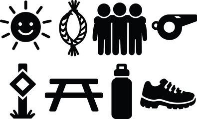 Youth activity silhouette icons set &ndash; camping, adventure, outdoor recreation symbols