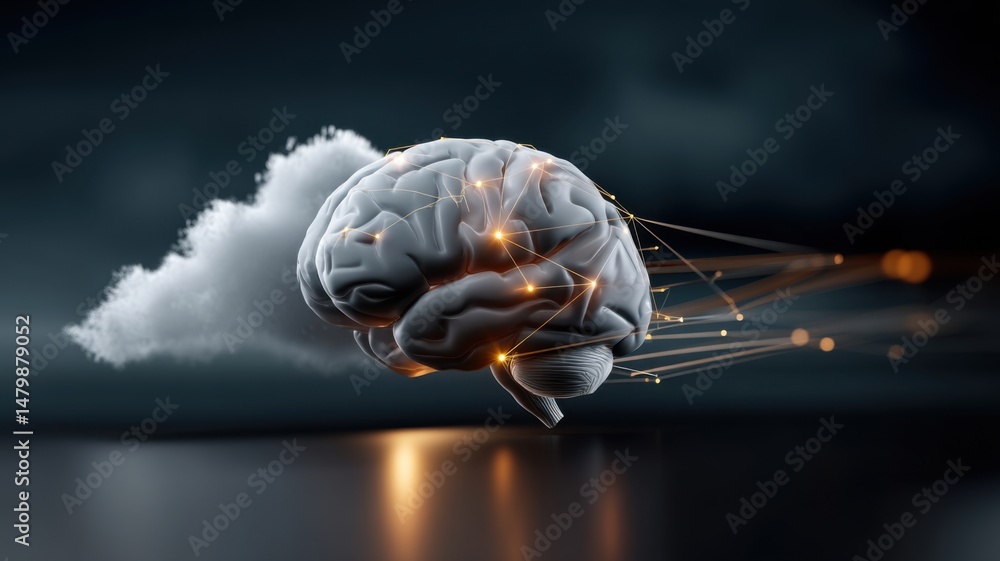 Poster a human brain connected to a cloud, symbolizing artificial intelligence, cloud computing, and digita