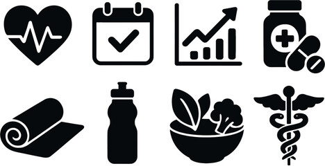 Women's health and wellness silhouette icons set – simple, fitness and self-care symbols