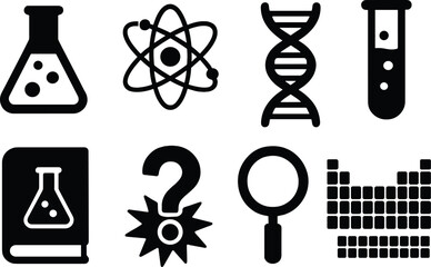 Science quiz icons set &ndash; silhouette, simple educational and lab symbols