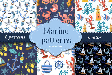 Playful marine pattern collection with anchors, fish, seagulls and sea creatures in blue and coral tones. Ideal for kids textiles and summer products.
