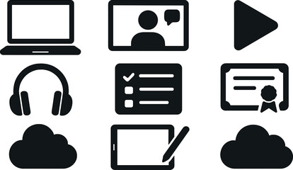 Remote learning icons set – silhouette, e-learning and virtual classroom symbols