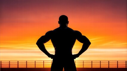 Fototapeta premium Muscular Man Silhouette in Profile Against Sunset 