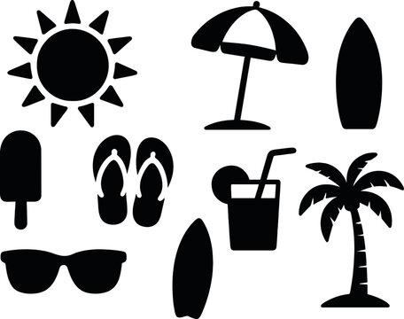 Summer leisure icons set – silhouette style beach, holiday, and vacation symbols