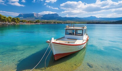 Naklejka premium Tranquil boat moored in crystal-clear waters, idyllic coastal scenery