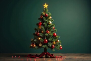 A perfectly symmetrical spruce Christmas tree, decorated with traditional ornaments , fresh, sparkle, cone