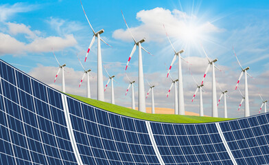 Nature green landscape with bright cloudy sky - Wind turbines farm on green field landscape - Solar Panel (Photovoltaic) with cloudy sky reflection