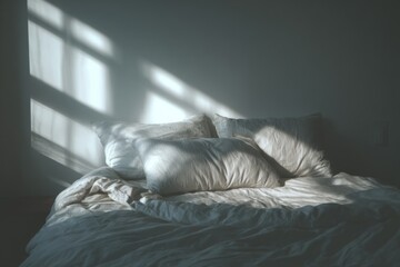 Inviting bed with soft pillows and a rumpled duvet cover bathed in morning light creating a cozy and peaceful atmosphere.
