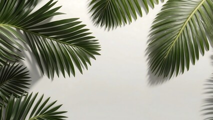 A layout of lush green palm leaves casting intricate shadows on a smooth, white background.