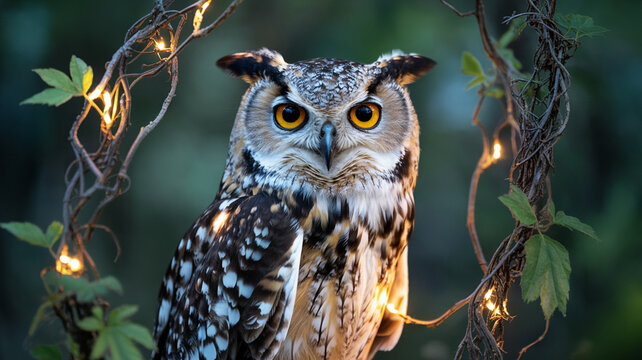 A great horned owl, a wild brown bird of prey with piercing yellow eyes, perches on a branch in nature