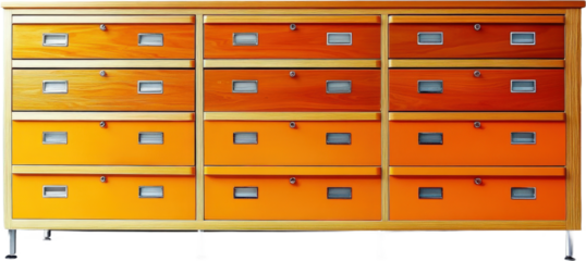 Orange and Wooden Multi-Drawer Filing Cabinet