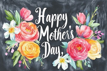 Floral Mother's Day greeting card with vibrant flowers and Happy Mother's Day text on a dark chalkboard background. Delicate blossoms in pink, orange, yellow, and white arranged around the text