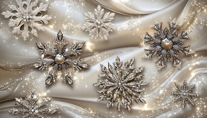 Elegant snowflake adornments on flowing fabric.