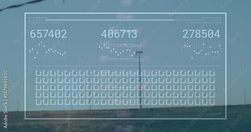 Poster overlay being animated with numeric readouts and scatter plots on grid while wind turbines rotating