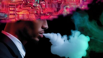 Man with digital circuit brain and smoke cloud emitting from mind, artificial intelligence concept - Powered by Adobe