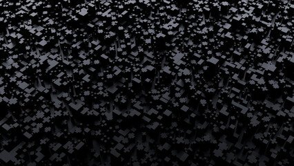Dark abstract surface covered with numerous small, three-dimensional black cubes and cross shapes, forming a textured pattern across the entirety of the scene