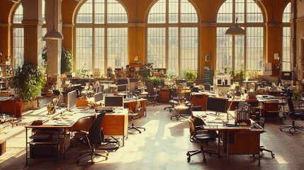 Spacious, sunlit office space filled with numerous desks.