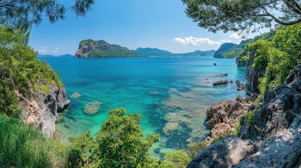 Panoramic view of a vibrant coastal landscape.