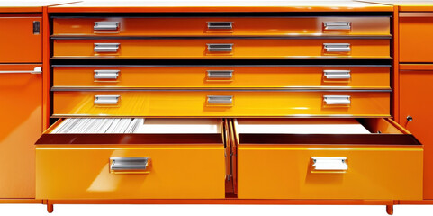 Orange Filing Cabinet with Open Drawers