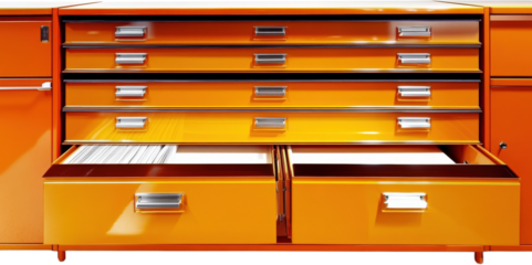 Orange Filing Cabinet with Open Drawers