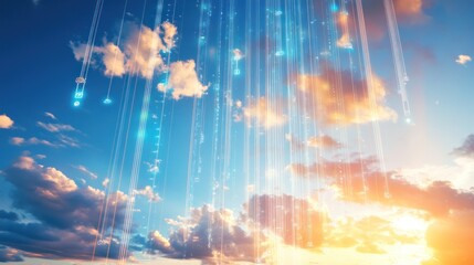 Celestial Network: A captivating scene of the sun breaking through clouds, accompanied by glowing digital connections, representing interconnectedness and data flow across the sky. 