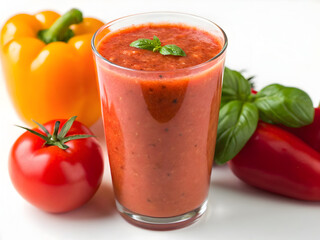 Detox smoothie recipes Fresh tomato and pepper smoothie with basil garnished in a glass.