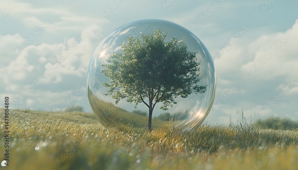 Poster a small tree protected within a large glass sphere.