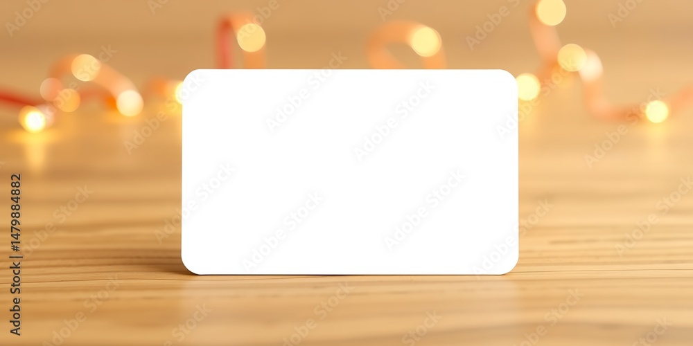Poster white card on wooden surface with blurred lights in the background creating a soft glow
