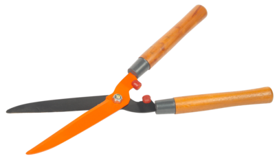 A pair of garden hedge shears featuring sharp orange and black blades and smooth wooden handles. Perfect tool for trimming bushes and maintaining a neat garden. Isolated on transparent background.