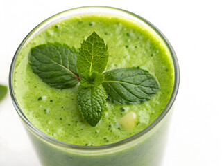 Detox smoothie recipes Refreshing green smoothie topped with mint leaves in a glass.