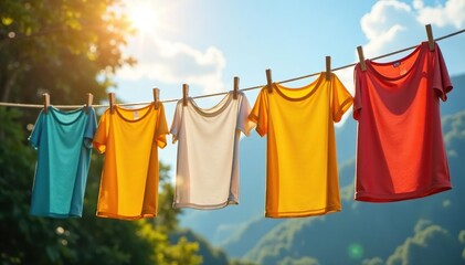 Bright sunshine illuminates freshly laundered clothes hanging on a line to dry outdoors , pegs, clothes drying, cotton