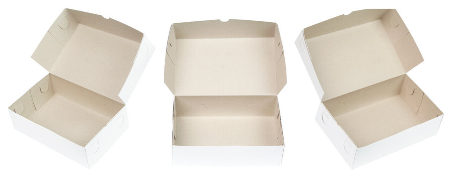 Top view of three open white cardboard food boxes with natural brown interiors. Ideal for packaging bakery goods, meals, or gifts. Isolated on transparent background
