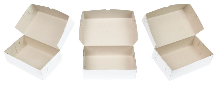 Top view of three open white cardboard food boxes with natural brown interiors. Ideal for packaging bakery goods, meals, or gifts. Isolated on transparent background