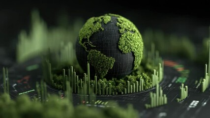 Sustainable green earth globe with moss continents on digital data bars, symbolizing eco technology, sustainability, and environmental growth - Powered by Adobe
