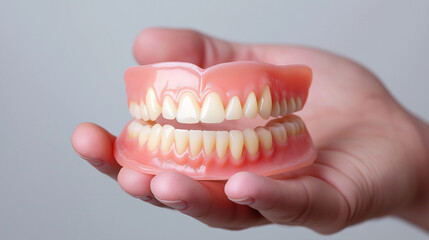 AI generator image of dentures ,gloved hand gently holds  set of pink and white dentures, showcasing a natural-looking smile replacement. Dentist holding dentures in hands. Dental prosthesis in doctor