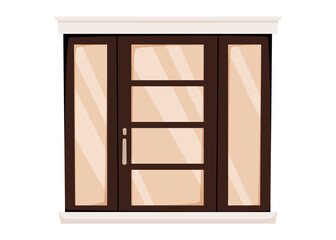Modern front door with dark wood frame and glass panels. Vector cartoon isolated illustration of contemporary exterior entrance for real estate, architecture, or advertising projects.