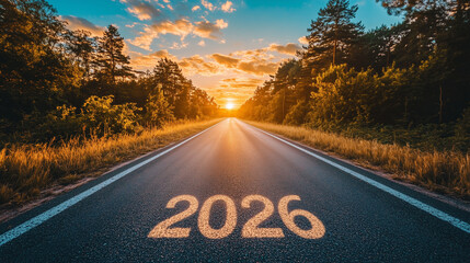 Text 2026 on the asphalt road. New beginnings, changes. At the end of the road there is the light of the setting sun.