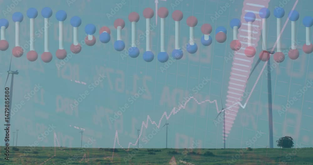 Poster wind turbine standing on grassy field while molecular model merging with rising line graph overlay