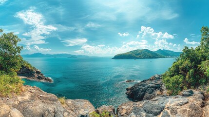 Fototapeta premium Expansive ocean vista from a rocky promontory.