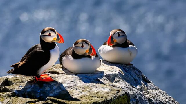 Atlantic Puffins or common Puffins  together sitting on top of white washed wall with blurred blue background on Farne Islands, Northumberland England, North Sea. Funny animals, 4k, motion