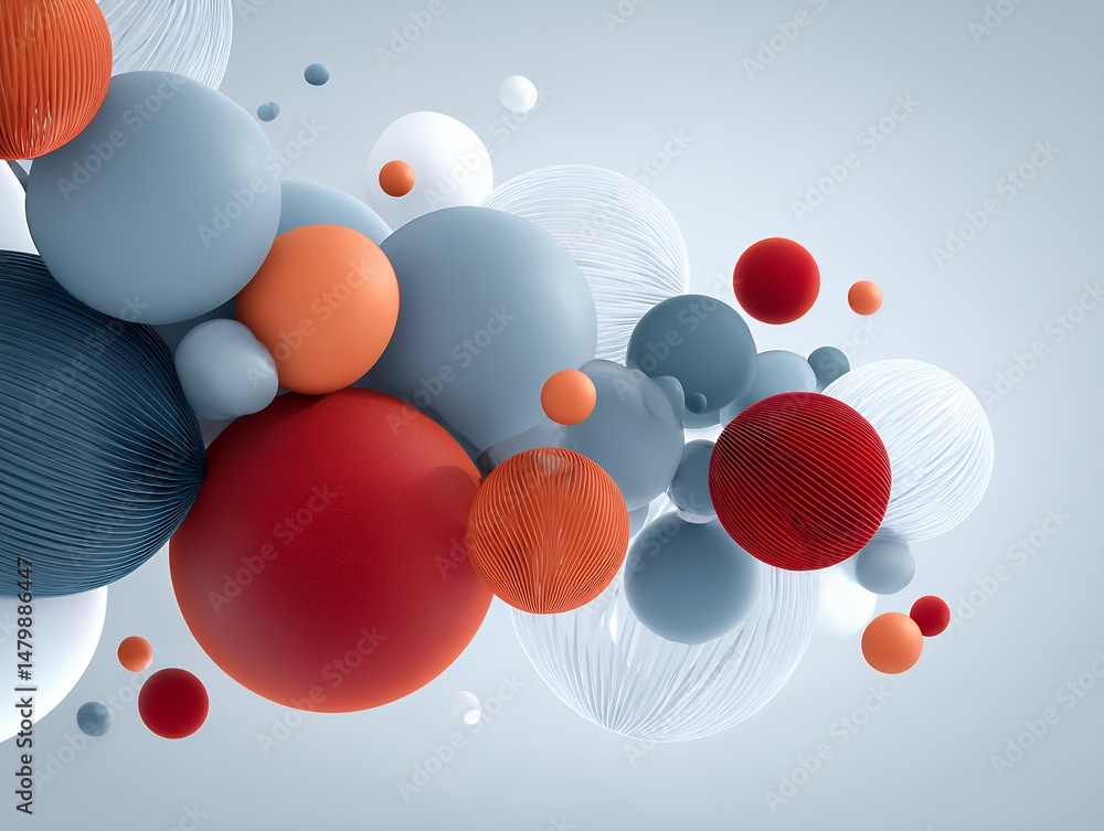 Poster abstract 3d rendering of floating textured spheres in red, blue, and grey tones