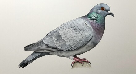 Naklejka premium Detailed Rock Dove portrait exquisite feather detail stunning grayscale artwork