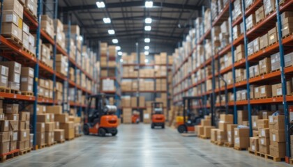 Obraz premium Large warehouse interior with shelves of boxes, moving forklifts, and bright lighting. Perfect for logistics, storage, shipping, and distribution themes
