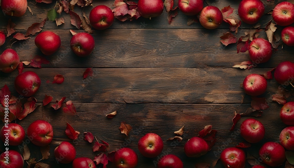 Poster red apples arranged in a circle on a wooden surface.
